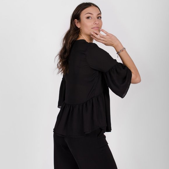 Loose black blouse with flared sleeves and V-neck - Picture 2 of 3